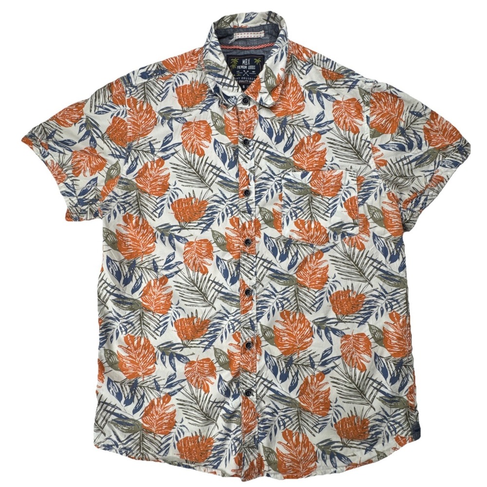 MBX Premium Goods Button Down Shirt Tropical Leaf Print Resort Small White Multi